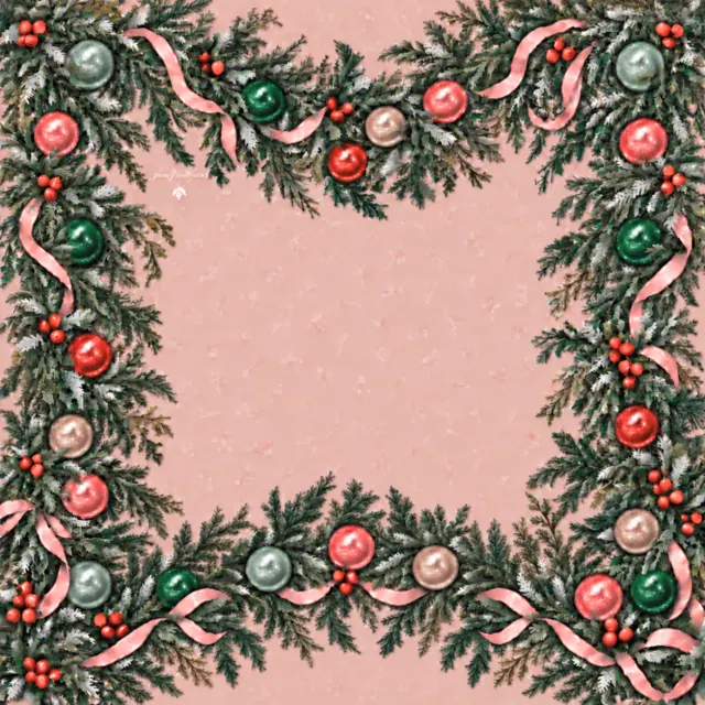 Christmas Mahjong mat with evergreen garlands, colorful ornaments, pink ribbons and a warm pink center